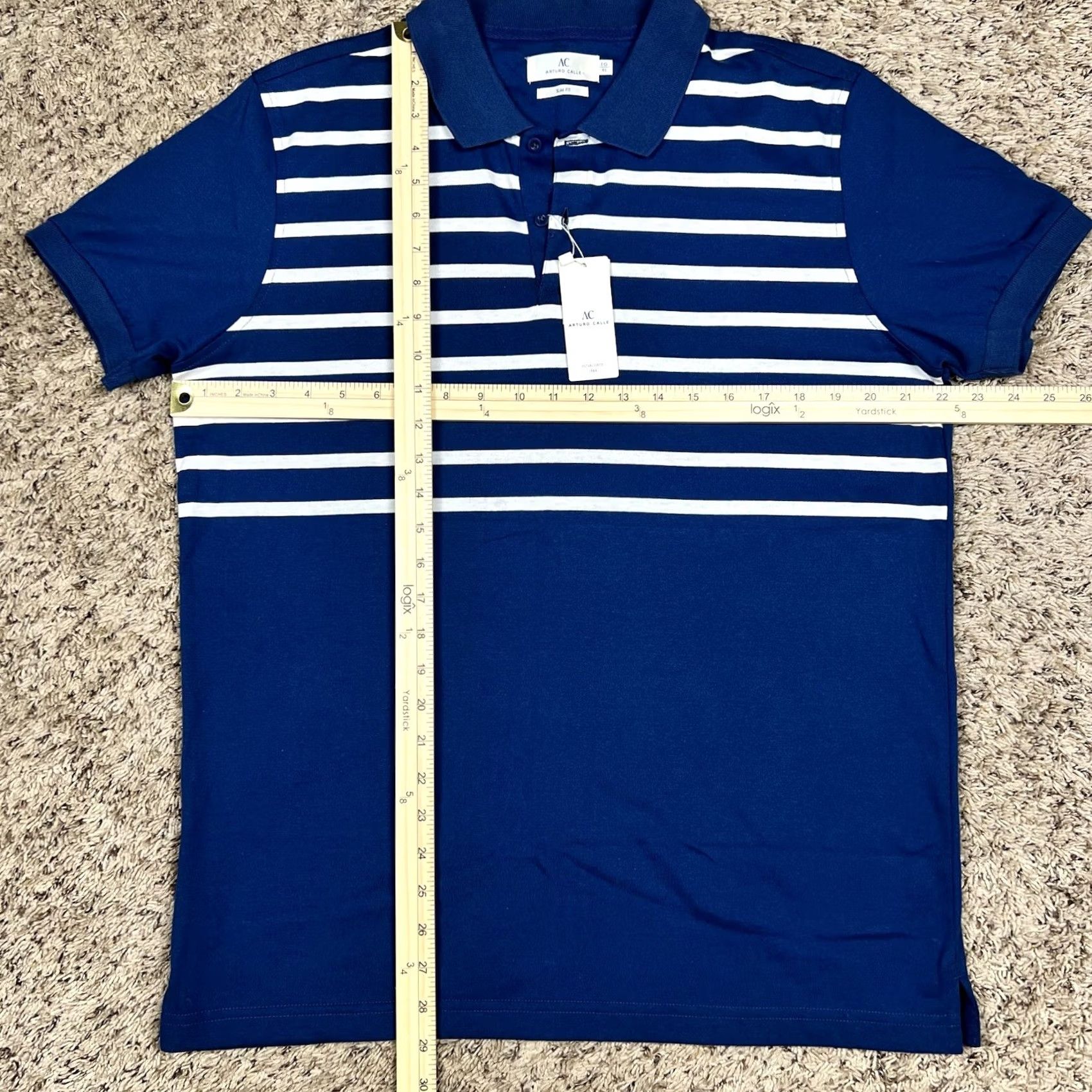 Vintage NWT Arturo Calle Polo Shirt XL Navy Blue White Striped 100% Cotton Men Slim Short Sleeve Collared Button Polo Size US XL / EU 56 / 4 - 6 Thumbnail