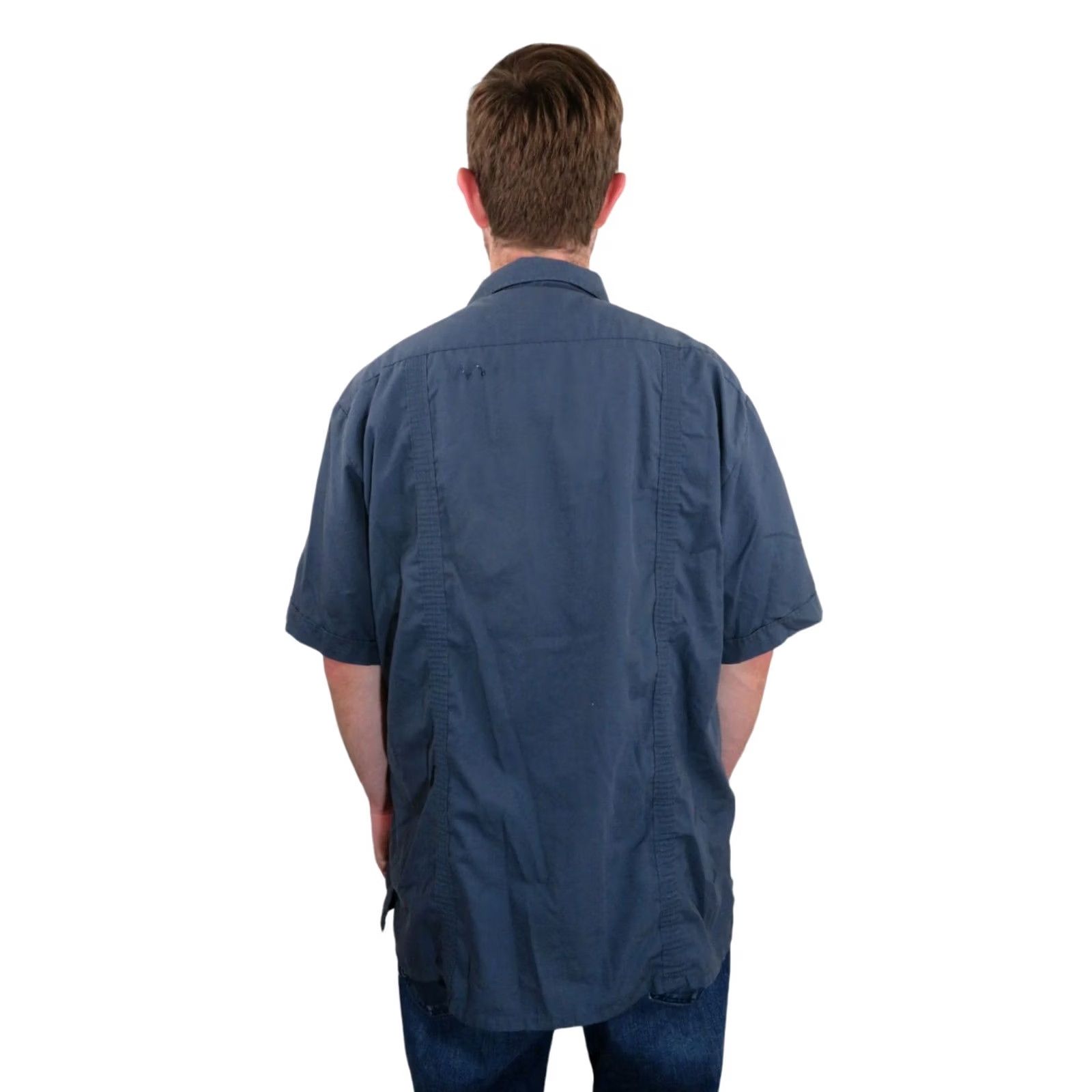 Omega VINTAGE Blue Embroidered Shirt Mens XL 80s Guayabera Aztec Camp Size 46R - 2 Thumbnail