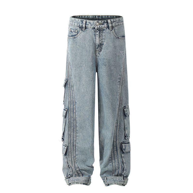 Jean Men's American hip-hop patchwork washed multi-pocket jeans Size US 34 / EU 50 - 1 Thumbnail