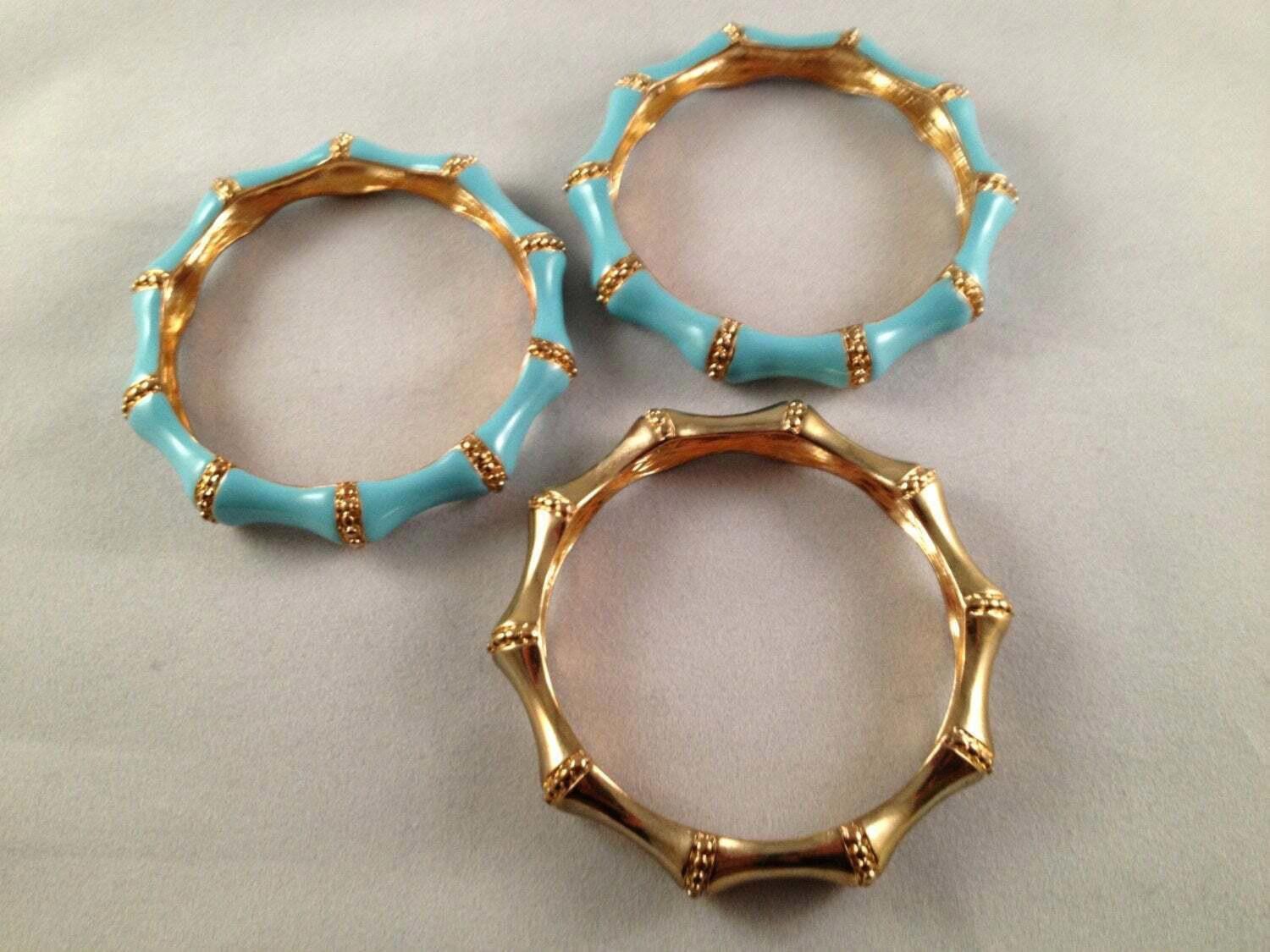 Designer Kenneth Lane 3 pc Bangle Set Simulated Bamboo Blue Enamel Size ONE SIZE - 4 Thumbnail