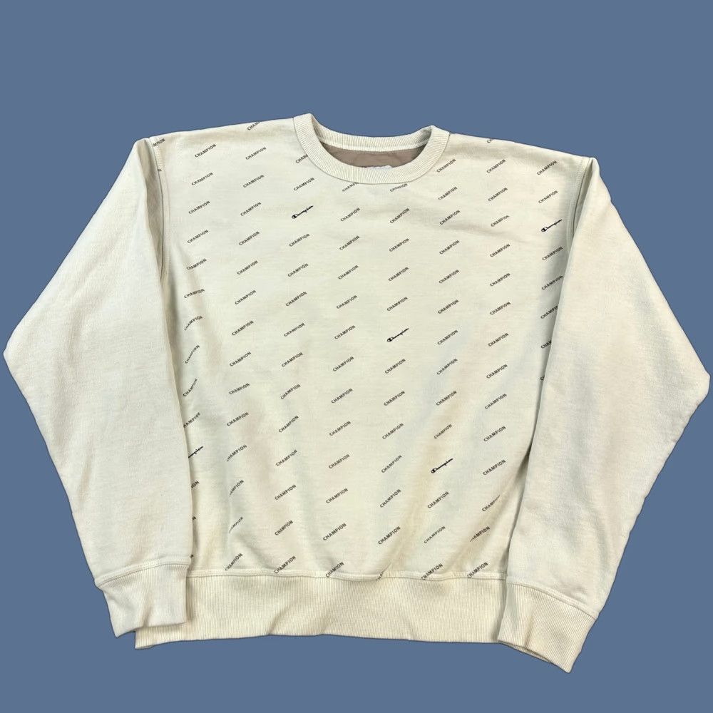 Champion Champion Sweatshirt Mens XL Cream All Over Logo Print Crewneck Pullover Size US XL / EU 56 / 4 - 1 Thumbnail