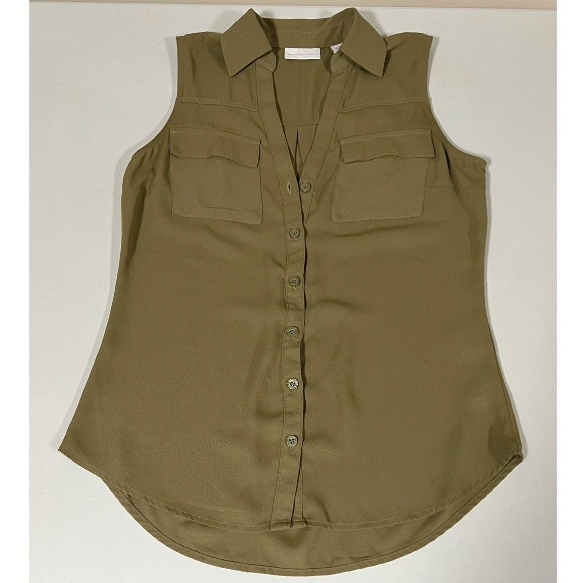 Product Of New York NY & Co. Olive Collared Button-Down Shirt Blouse Size XS 🐍✨ Size XS / US 0-2 / IT 36-38 - 2 Thumbnail