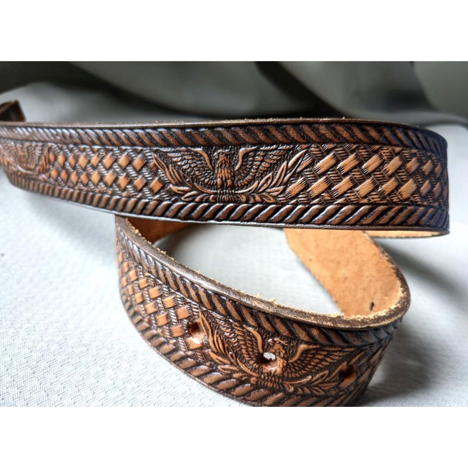 Vintage VINTAGE Brushy Creek Western Belt 28 Brown Leather Tooled Eagle Buckle Men Size 28 - 3 Thumbnail