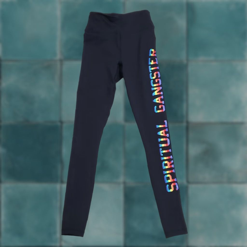 Spiritual Gangster Spiritual Gangster Leggings Women XS Black Rainbow Spellout High Waist Silk? Size 42" / US 20 - 1 Thumbnail