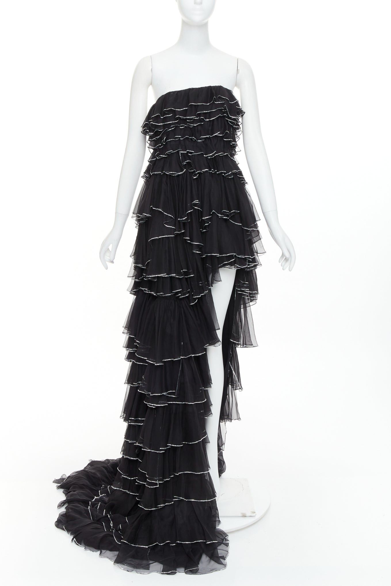 Alexandre Vauthier ALEXANDRE VAUTHIER COUTURE AW2018 Runway black silky crystal strass tiered petal high slit low gown Size S / US 4 / IT 40 - 1 Thumbnail