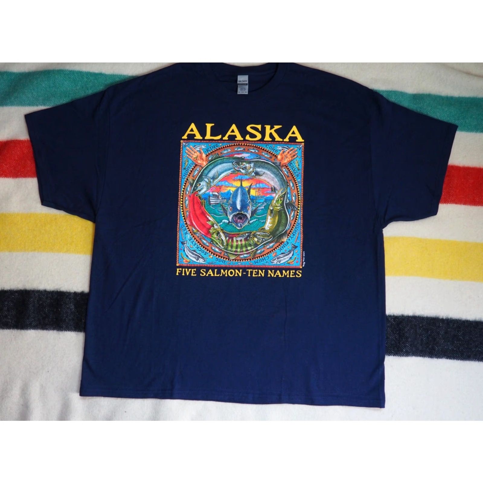 Gildan Gildan T-Shirt Blue 3XL Mens Crew Neck Short Sleeve Graphic Print Art Nature Fish Salmon Cycle Alaska PNW Troll Vintage No (keep within rules) Size US XXL / EU 58 / 5 - 2 Thumbnail