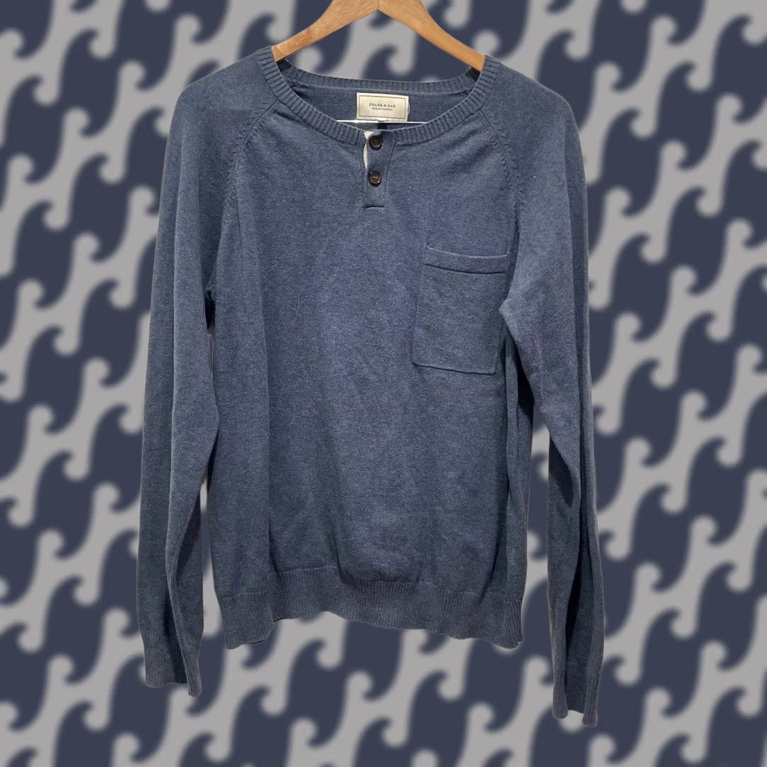 Vintage Frank & Oak Mens Henley Sweater Blue Cotton Knit Pocket Pullover Large F113008 Size US L / EU 52-54 / 3 - 1 Thumbnail