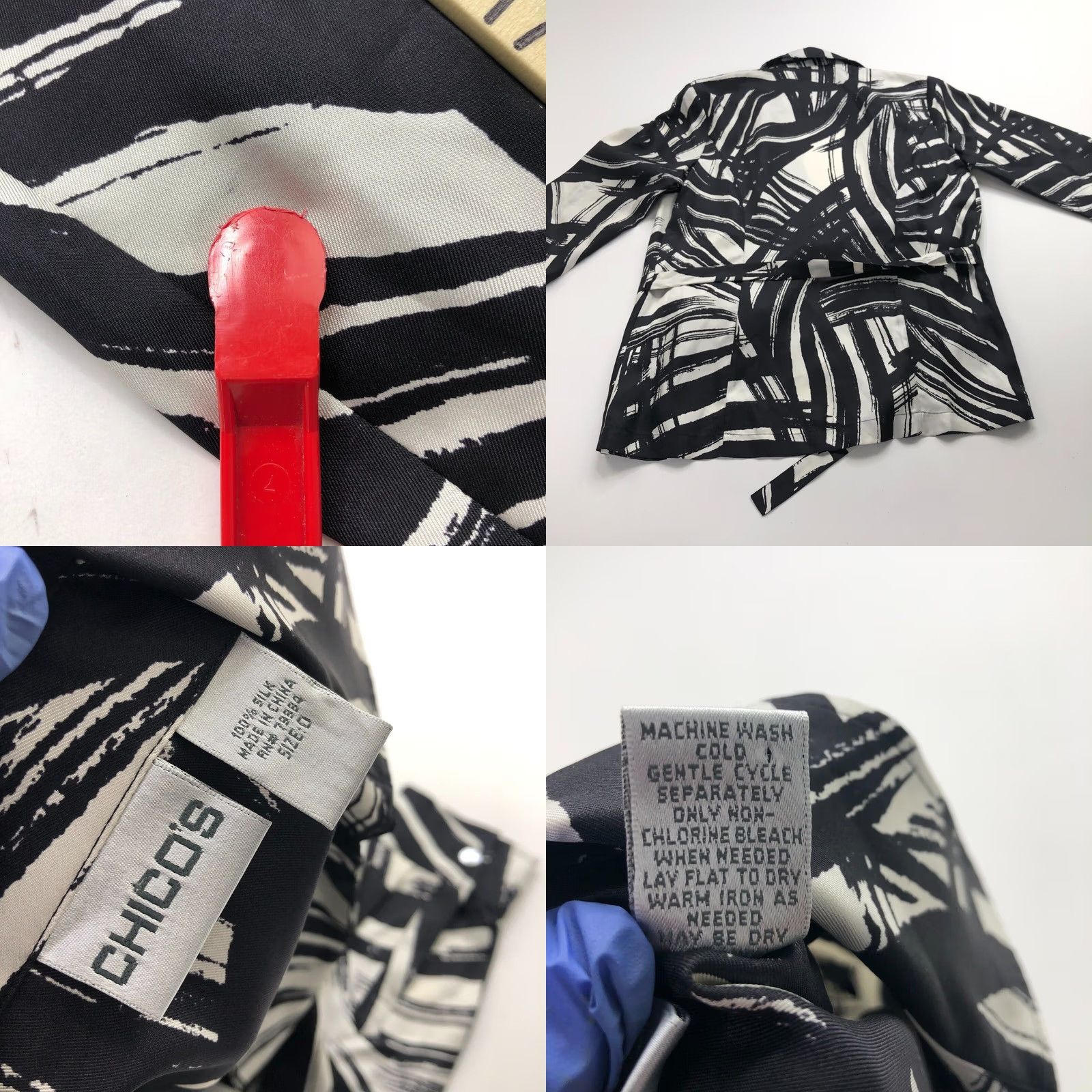Vintage Chico's 100% Silk Open Front Tie Women's Long Sleeve Black Shirt Blouse V-Neck Geometric Shirt Size XS / US 0-2 / IT 36-38 - 9 Thumbnail