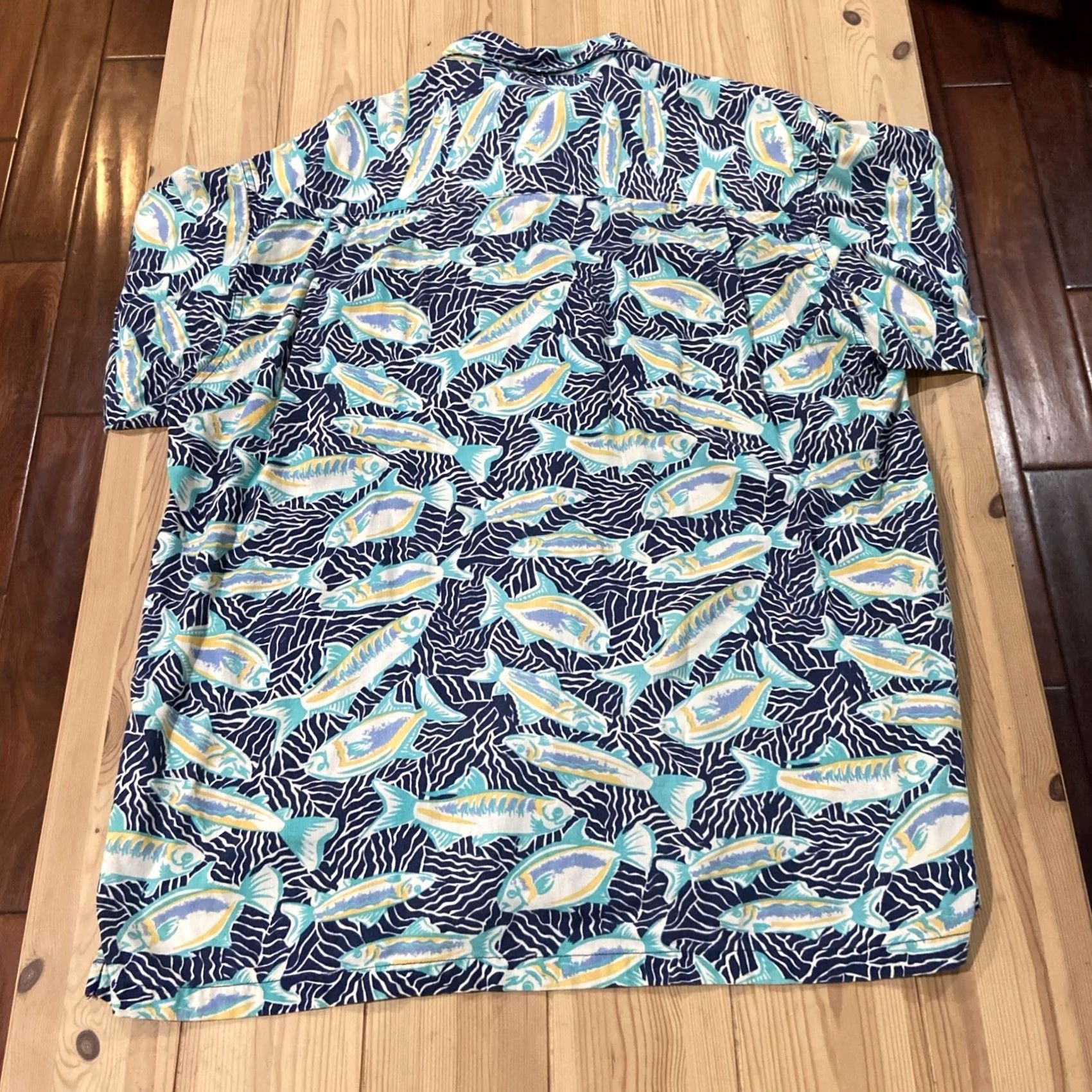 FLAX Columbia Button-Up Shirt Men M Short Sleeve Collared Fish Print Multicolor Flax Rayon Pocket Casual Workwear All Seasons Size US 31 - 5 Thumbnail
