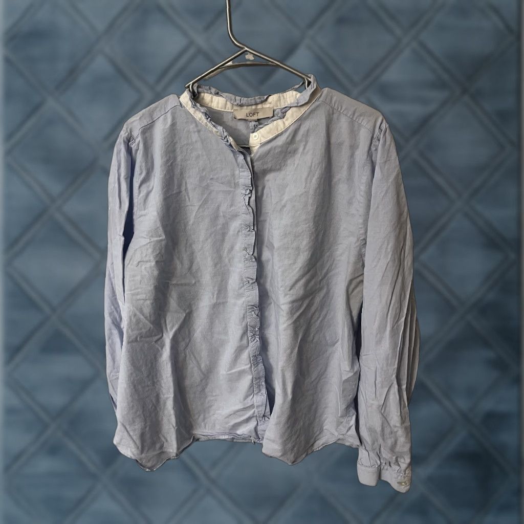 Loft Loft Blouse Blue XXL Button Down Office Business Collared Long Sleeve Cotton Ruffle Size XXL / US 16-18 / IT 52-54 - 1 Thumbnail