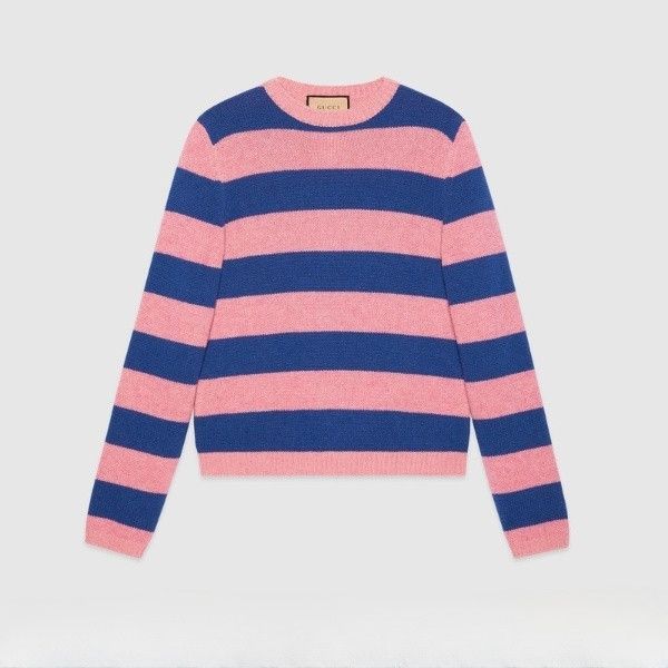 Gucci o1s1wg110225 Striped Wool Cashmere Knit Sweater Pink & Blue Size US XL / EU 56 / 4 - 1 Thumbnail