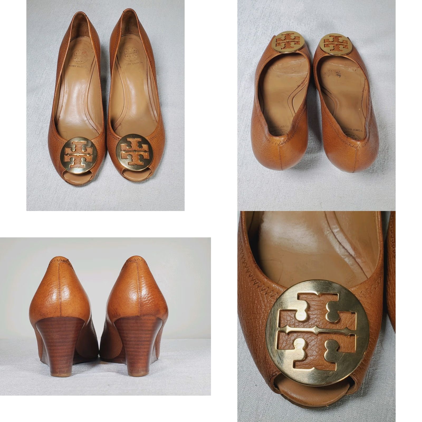 Tory Burch Tory Burch Sally 2 Brown Tumbled Leather Peep-Toe Wedge Heel Gold Logo Women US 10 M Size US 10 / IT 40 - 8 Thumbnail