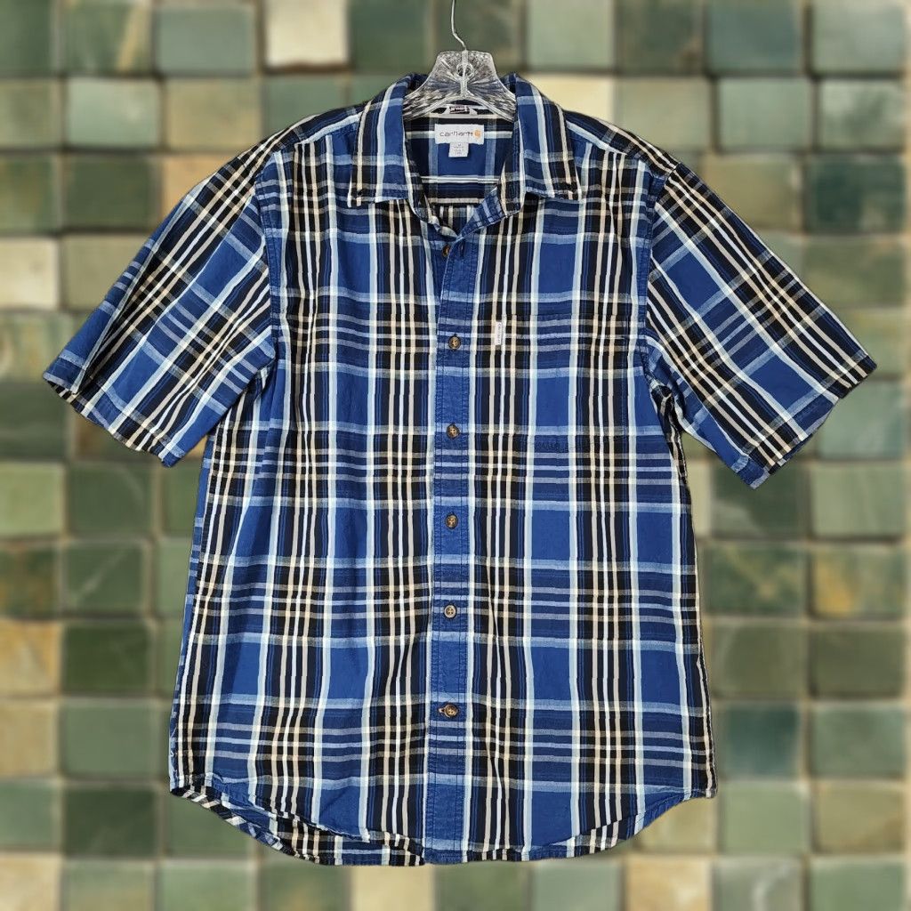 Carhartt VINTAGE Carhartt Shirt Plaid Short Sleeve Button-Up Mens M Blue Relaxed Fit Size US 31 - 1 Thumbnail
