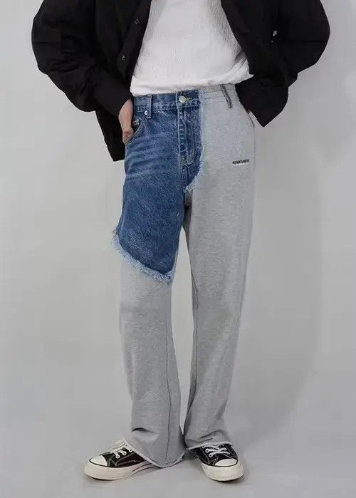 Grey denim patchwork pants