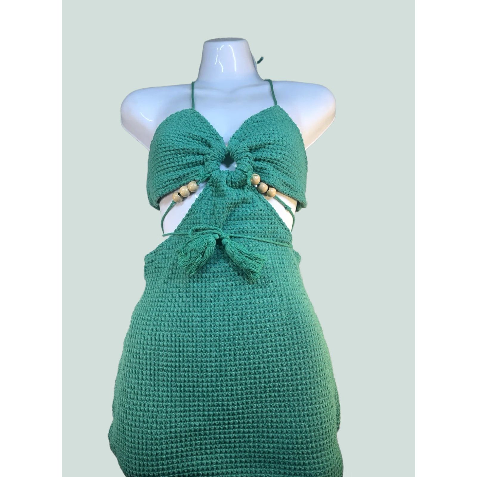 Vintage Womens Green Crochet Halter Dress Beaded Tassel Cut Out Resort XS Dress Size XS / US 0-2 / IT 36-38 - 1 Thumbnail