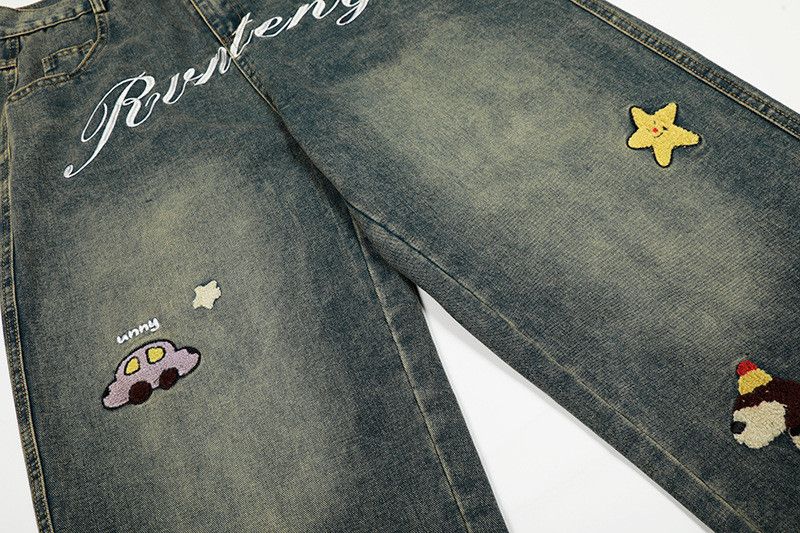 Vintage Retro cartoon embroidered washed men's loose-fitting jeans Size US 32 / EU 48 - 4 Thumbnail