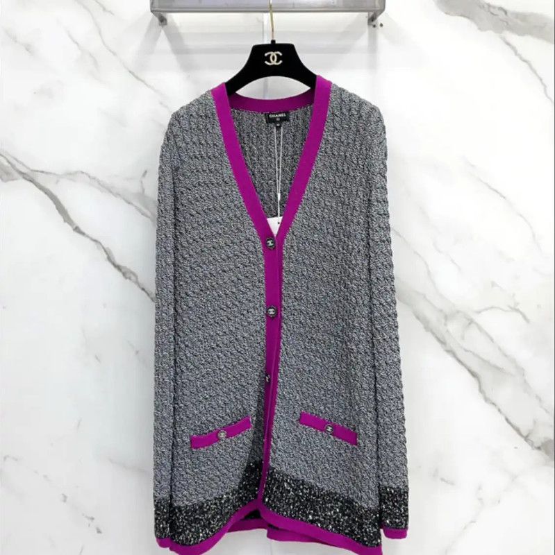 Chanel Chanel Gray Long Sleeve Cardigan with Pink Trim 0089 Size L / US 10 / IT 46 - 1 Thumbnail