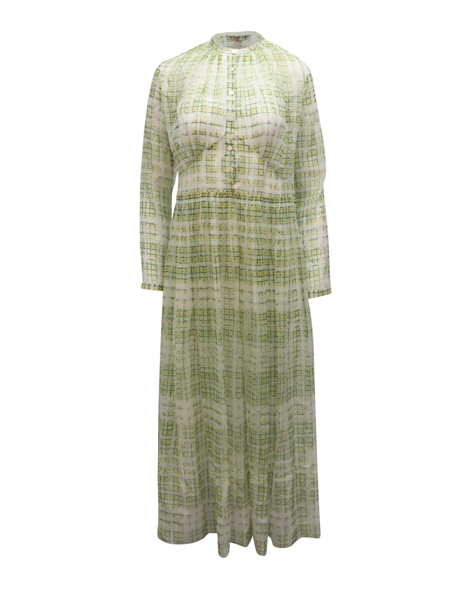 image of Burberry Yellow Check Silk Midi Dress With Mandarin Collar And Button Closures in Yellow Print, Wom