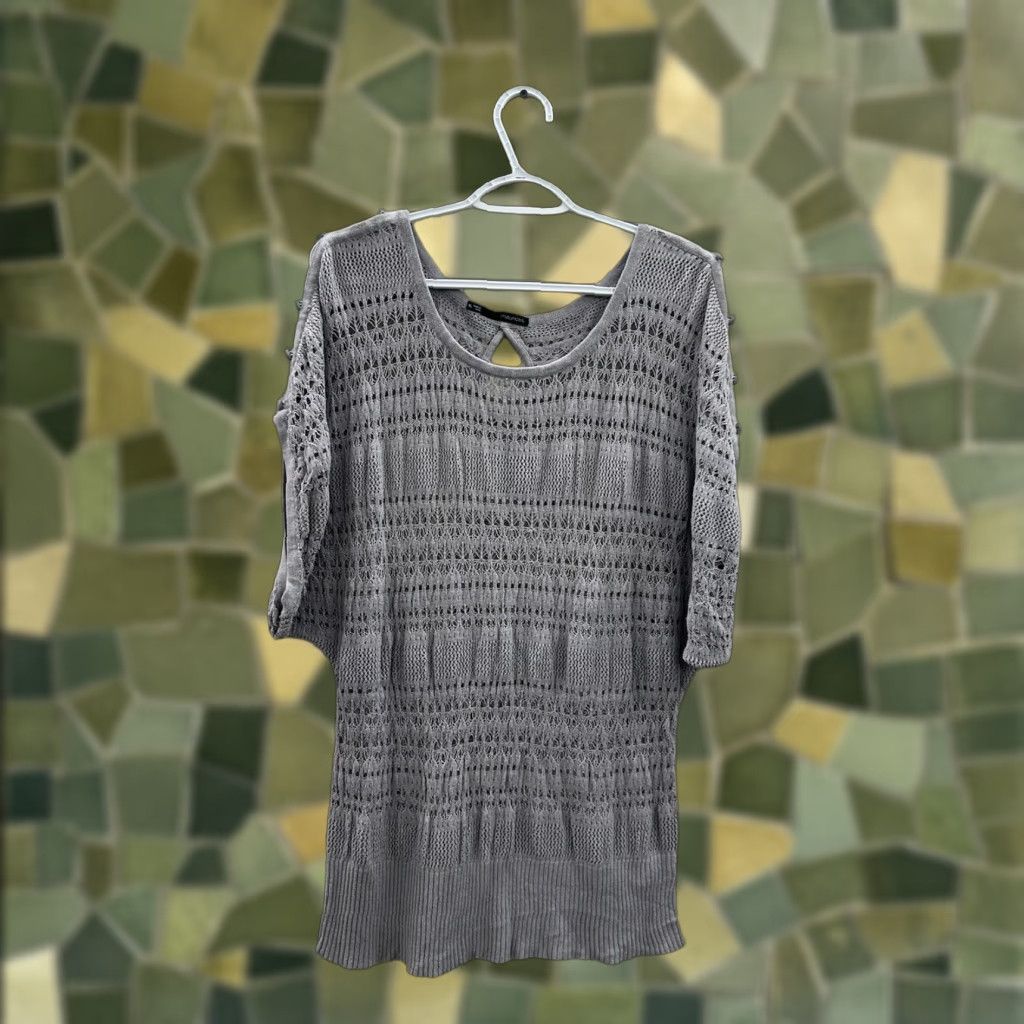 Vintage Maurices Womens Blouse XL Gray Open Knit Short Sleeve Shirt Regular Cotton Rayon Knit Open Collarless Classic Theme Mens Womens Girls? Size XL / US 12-14 / IT 48-50 - 1 Thumbnail