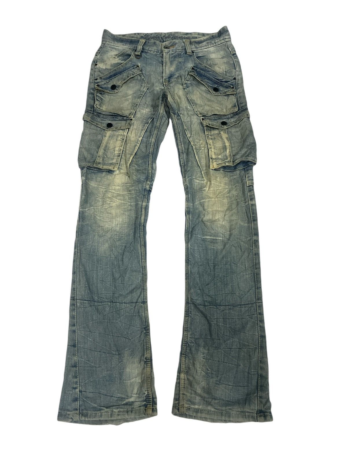 Japanese Brand FLARED🔥THRASHED FADED CARGO DENIM PANT Size US 30 / EU 46 - 1 Thumbnail