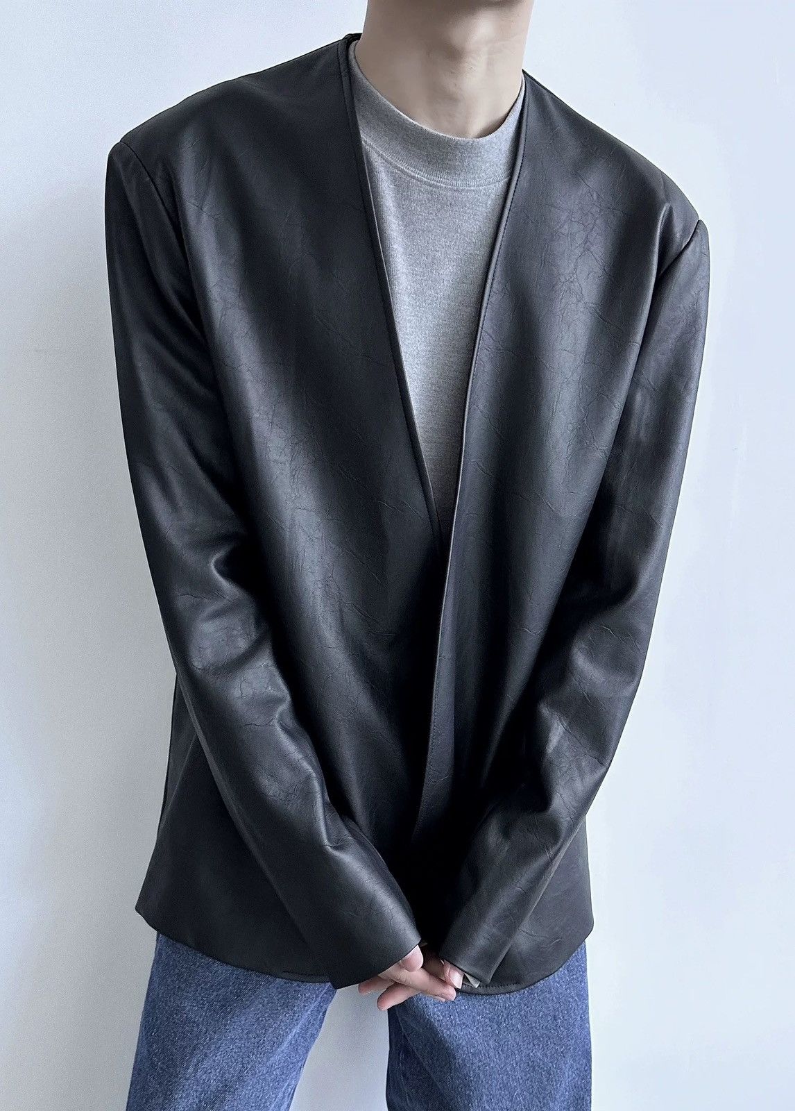 Japanese Brand × Vintage Retro cracked pu leather no collar collarless blazer jacket Size US L / EU 52-54 / 3 - 2 Thumbnail