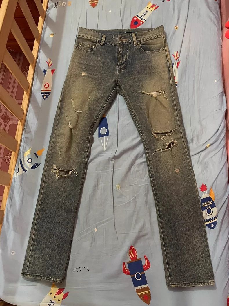 Yves Saint Laurent saint laurentThe Big Wreck Yellow Muddy Wash Ripped Jeans 2 Size US 27 - 1 Thumbnail