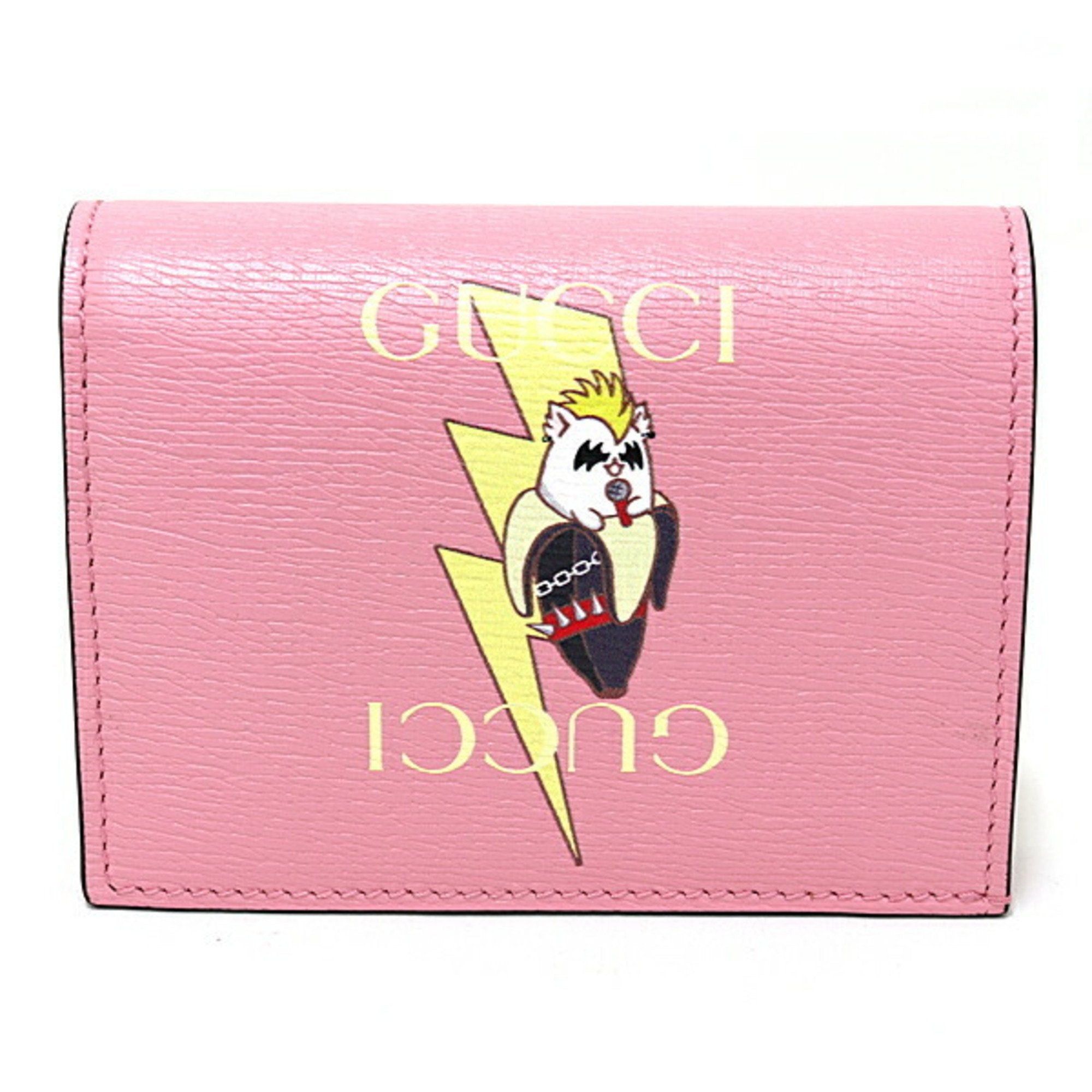image of Gucci Bananya Card Case Wallet Metal Leather Bifold 701009 Pink Gold Hardware, Women's