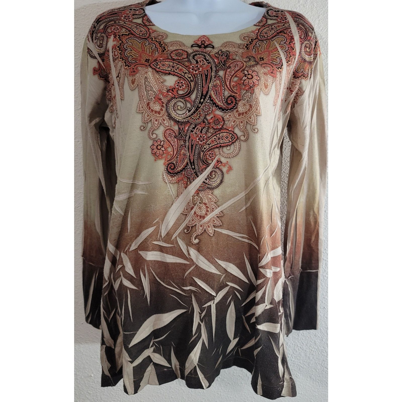 Decree Decree Tan Orange Paisley Print Top Large Long Sleeves Size L / US 10 / IT 46 - 1 Thumbnail