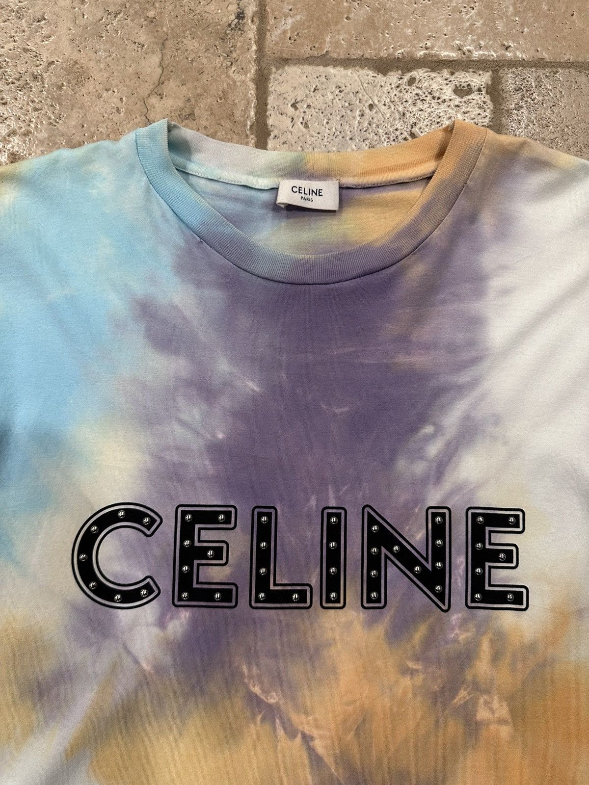 Celine × Hedi Slimane Celine x Hedi Slimane Studded Logo Tie Dye T-Shirt Size US XXL / EU 58 / 5 - 5 Thumbnail