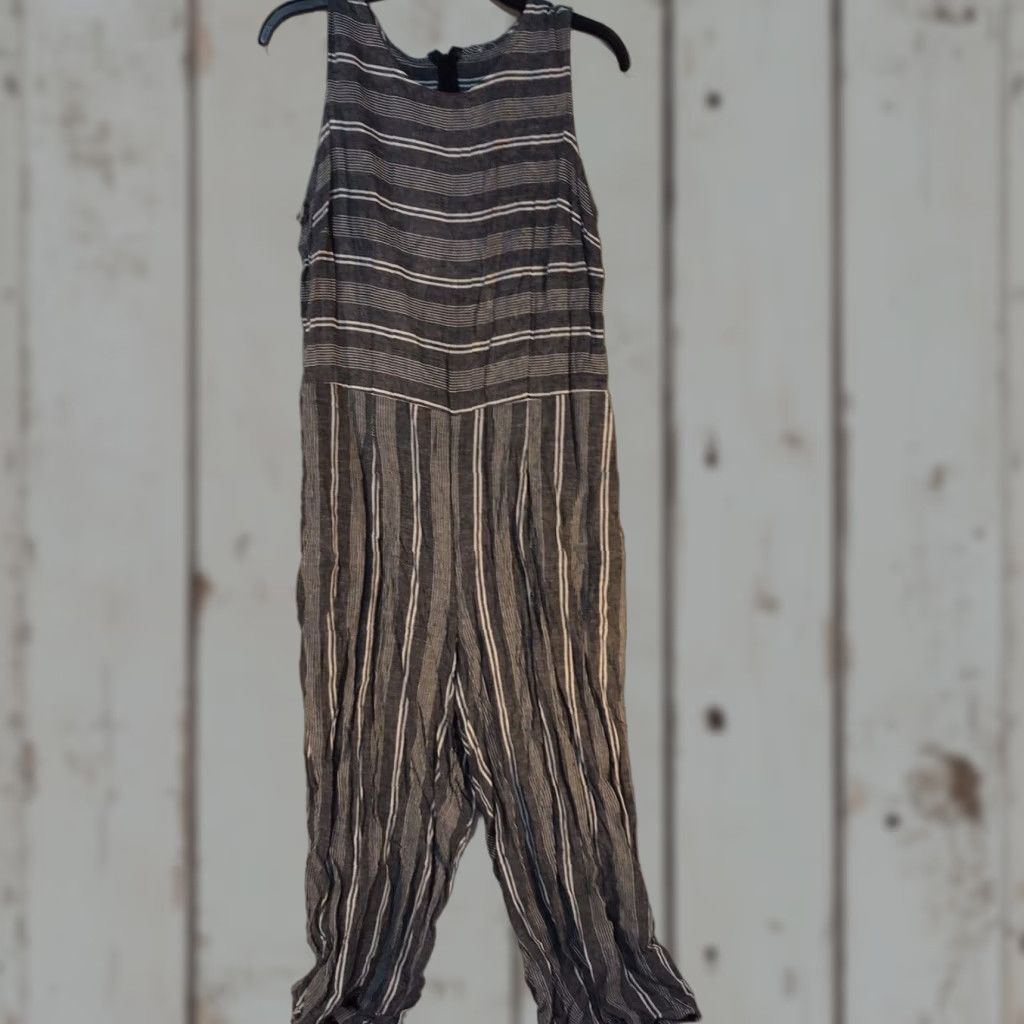 Vintage Chloe & Rene Romper Womens L Gray/White Linen Rayon Striped Sleeveless Bohemian 1-Piece Womens Size 36" / US 14 / IT 50 - 1 Thumbnail