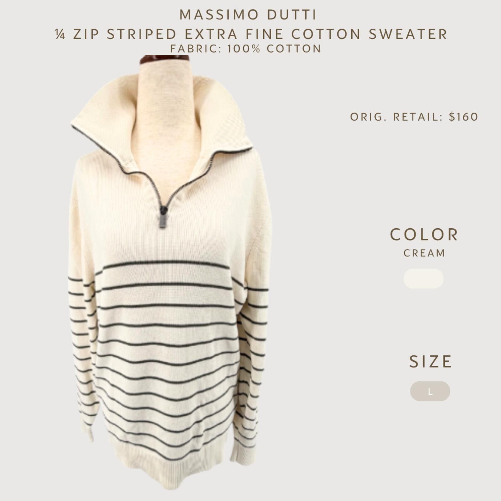 Massimo Dutti Massimo Dutti Zip Sweater Cream Striped Cotton L Size US L / EU 52-54 / 3 - 2 Thumbnail