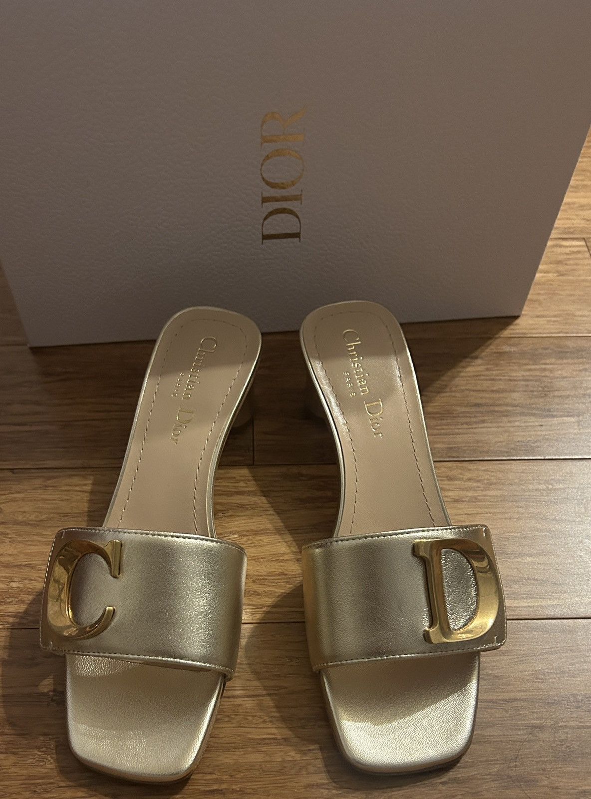 Dior DIOR OR C'EST DIOR HEELED SLIDE Gold-Tone Laminated Lambskin Size US 7 / IT 37 - 5 Thumbnail