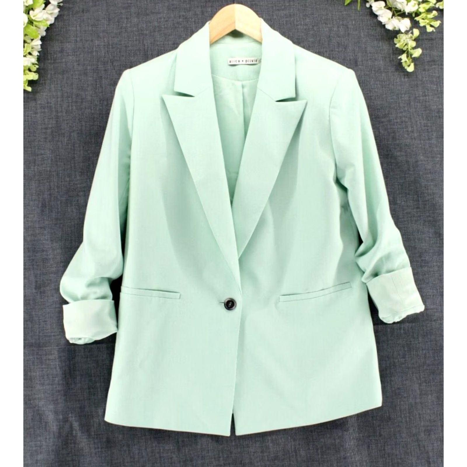 Alice + Olivia Alice + Olivia Women's Blazer Mint Green XS Denny Notch Collar Rolled Cuffs Boyfriend Size XS / US 0-2 / IT 36-38 - 2 Thumbnail