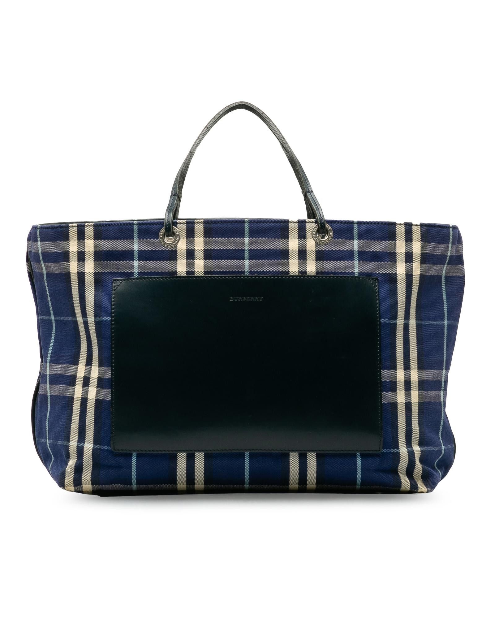 image of Burberry Canvas Plaid Tote Bag in Blue, Women's
