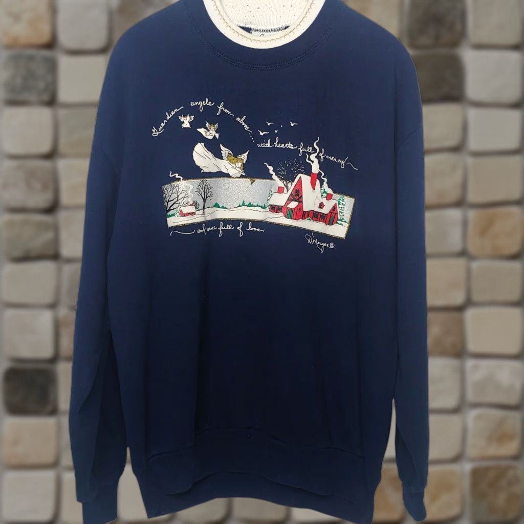 Vintage Gopher Sport Sweatshirt Womens L Blue Vintage Angel Love Cabin Nature Guardian Angels Graphic Print Pullover Knit Cotton Polyester Size L / US 10 / IT 46 - 1 Thumbnail