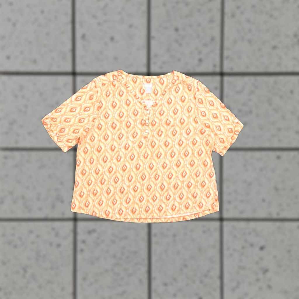 Vintage Chico's Orange Ikat Print V-Neck Henley Short Sleeve Cotton Modal Blouse XL Womens Blouse Vintage No Size 40" / US 18 - 1 Thumbnail
