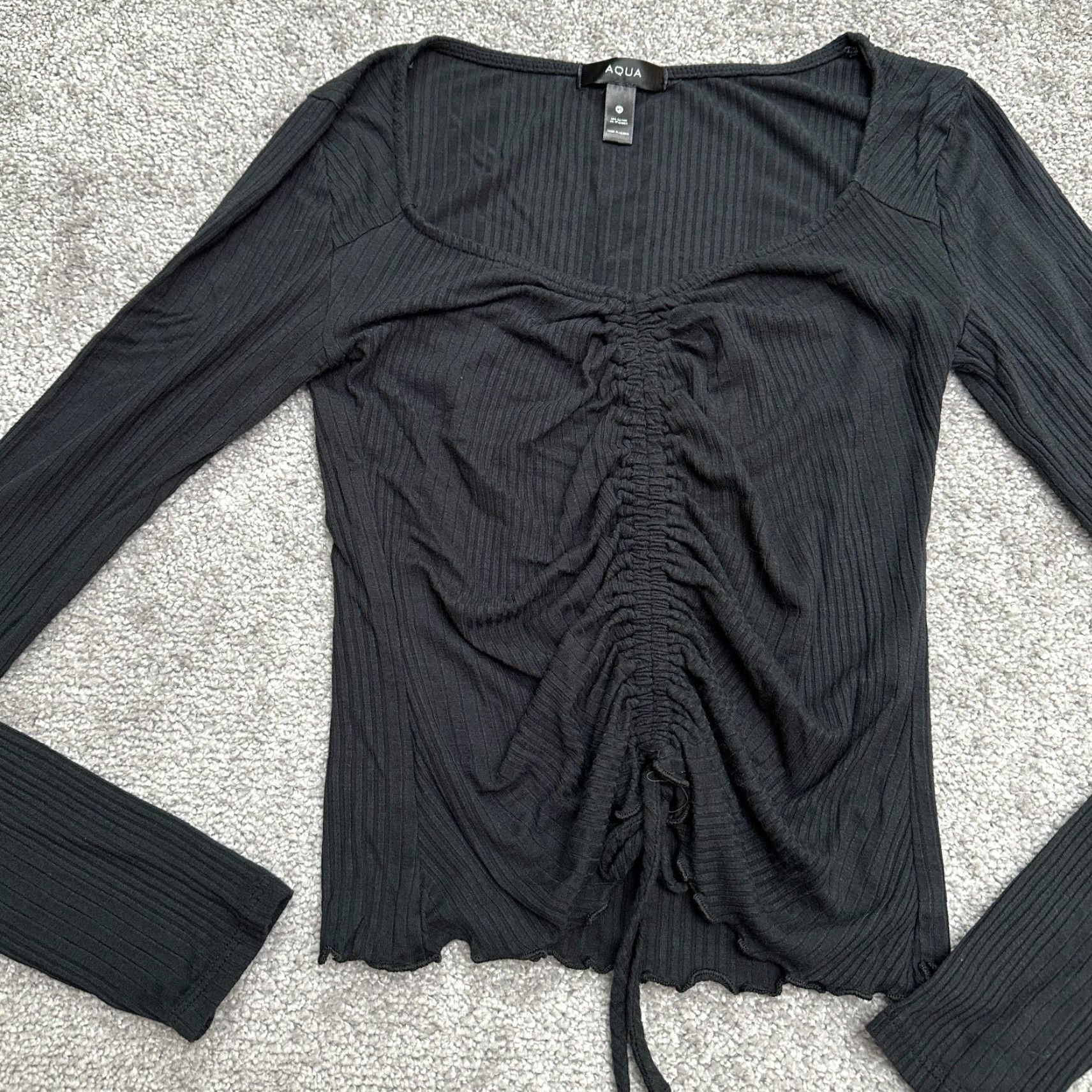 AQUA Aqua Ribbed Knit Ruched Blouse Womens XS Black Long Sleeve Casual Classic Size XS / US 0-2 / IT 36-38 - 4 Thumbnail