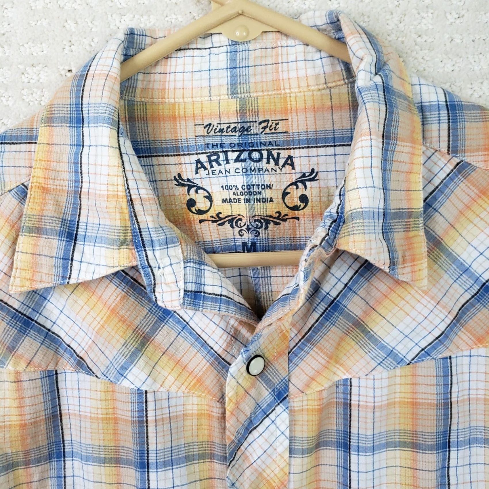 Vintage VINTAGE AriZona Western Shirt Cotton Blue Peach Plaid Short Sleeve Pearlsnap Button-Up M Mens BB 90s Size US M / EU 48-50 / 2 - 5 Thumbnail