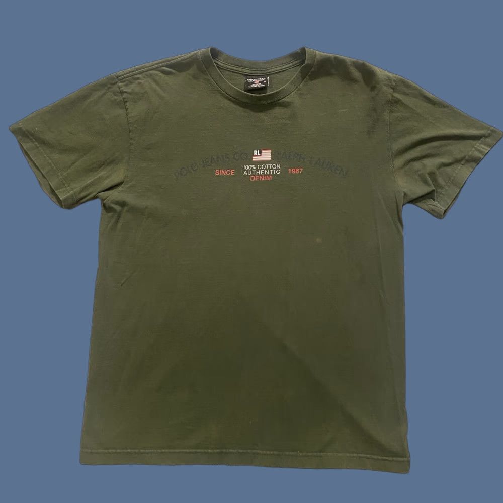 Ralph Lauren VINTAGE Ralph Lauren Polo Jeans Co. T Shirt Flag Green Men’s Medium Shirt Mens Regular 90s 80s Classic Graphic Print Short Sleeve Cotton Size US M / EU 48-50 / 2 - 1 Thumbnail