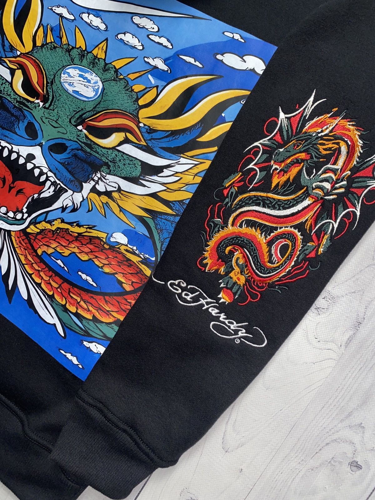 image of Ed Hardy Hoodie Big Embroidery Logo Dragons Swoosh in Black, Men's (Size Medium)