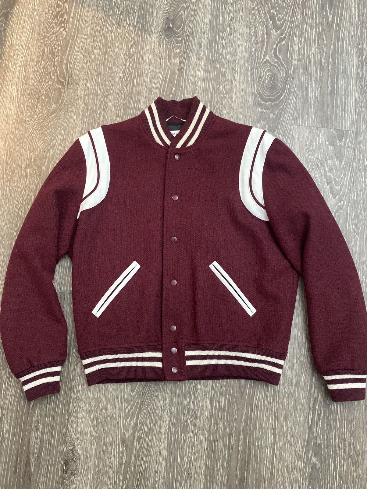 image of Saint Laurent Paris Burgundy Wool Varsity Teddy in Burgandy, Men's (Size Medium)