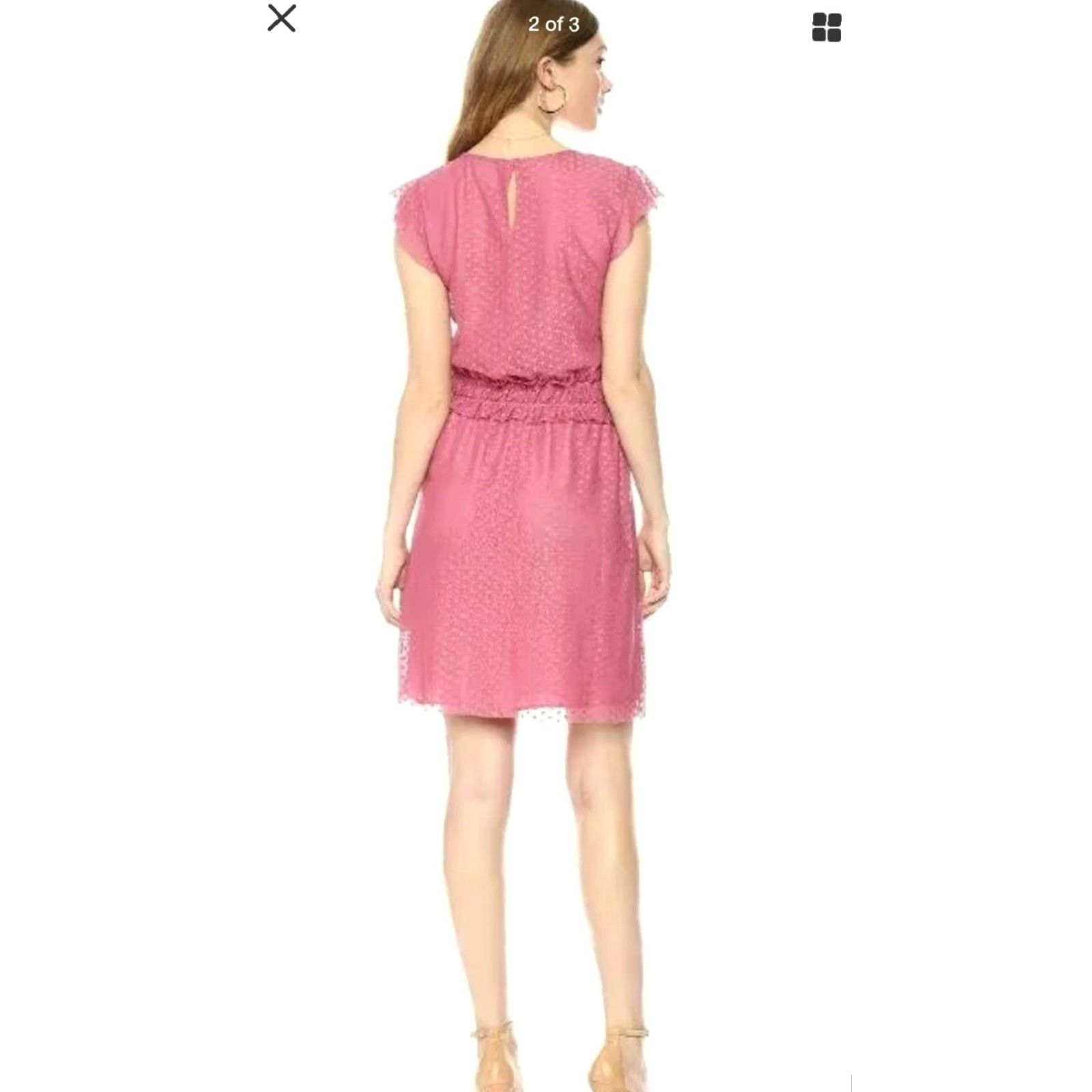 Pinko Ella Moon Women’s Sleeveless Ruffle Shoulder Smocked Waist Mini Dress M Heather Pink 90s Moon Rose Pattern Size M / US 6-8 / IT 42-44 - 3 Thumbnail