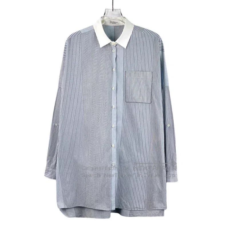 Brunello Cucinelli Light blue vertical striped cotton lape