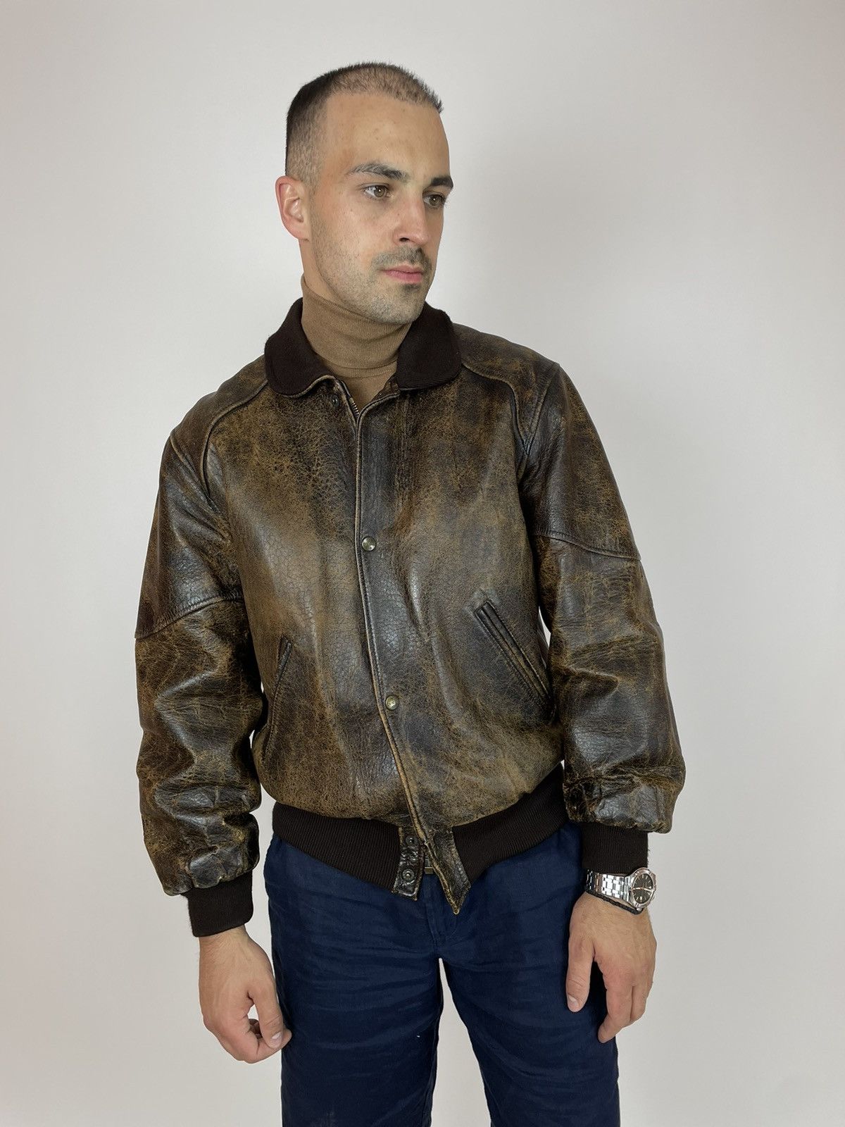 Vintage Charles Chevignon Mens Leather Brown Flight Jacket