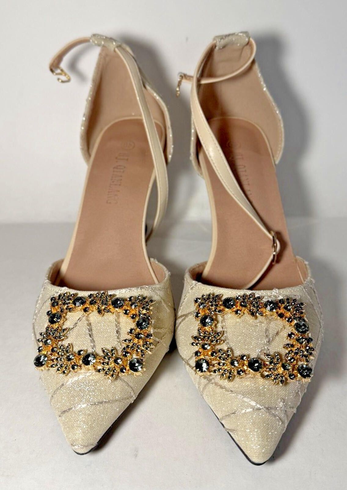 Other Pointed Toe Chunky Heels Rhinestone Ankle Strap Tan/Black Size US 9.5 / IT 39.5 - 1 Thumbnail