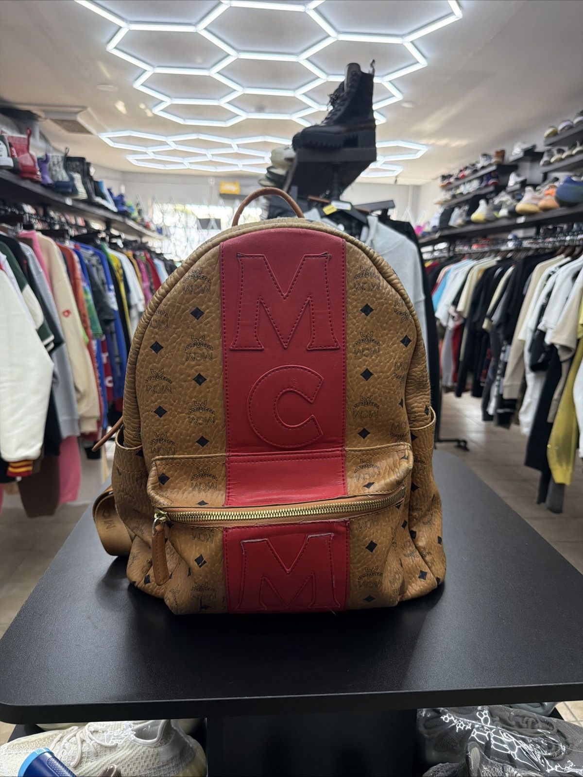 MCM MCM Visetos Medium Stark Logo Stripe Backpack Cognac Red Size ONE SIZE - 2 Thumbnail