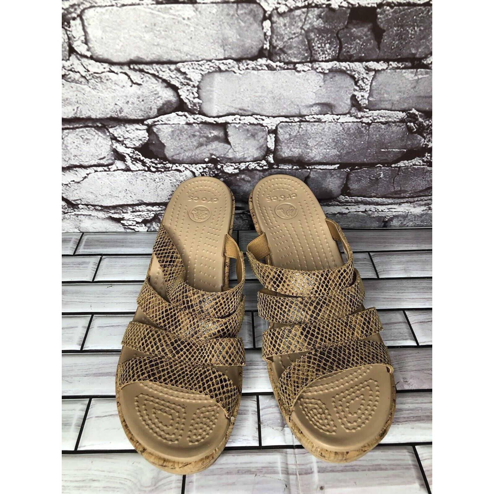 Crocs Crocs A-Leigh Gold Leather Snake Print Cork Wedge Sandals Wo Size US 11 / IT 41 - 16 Thumbnail