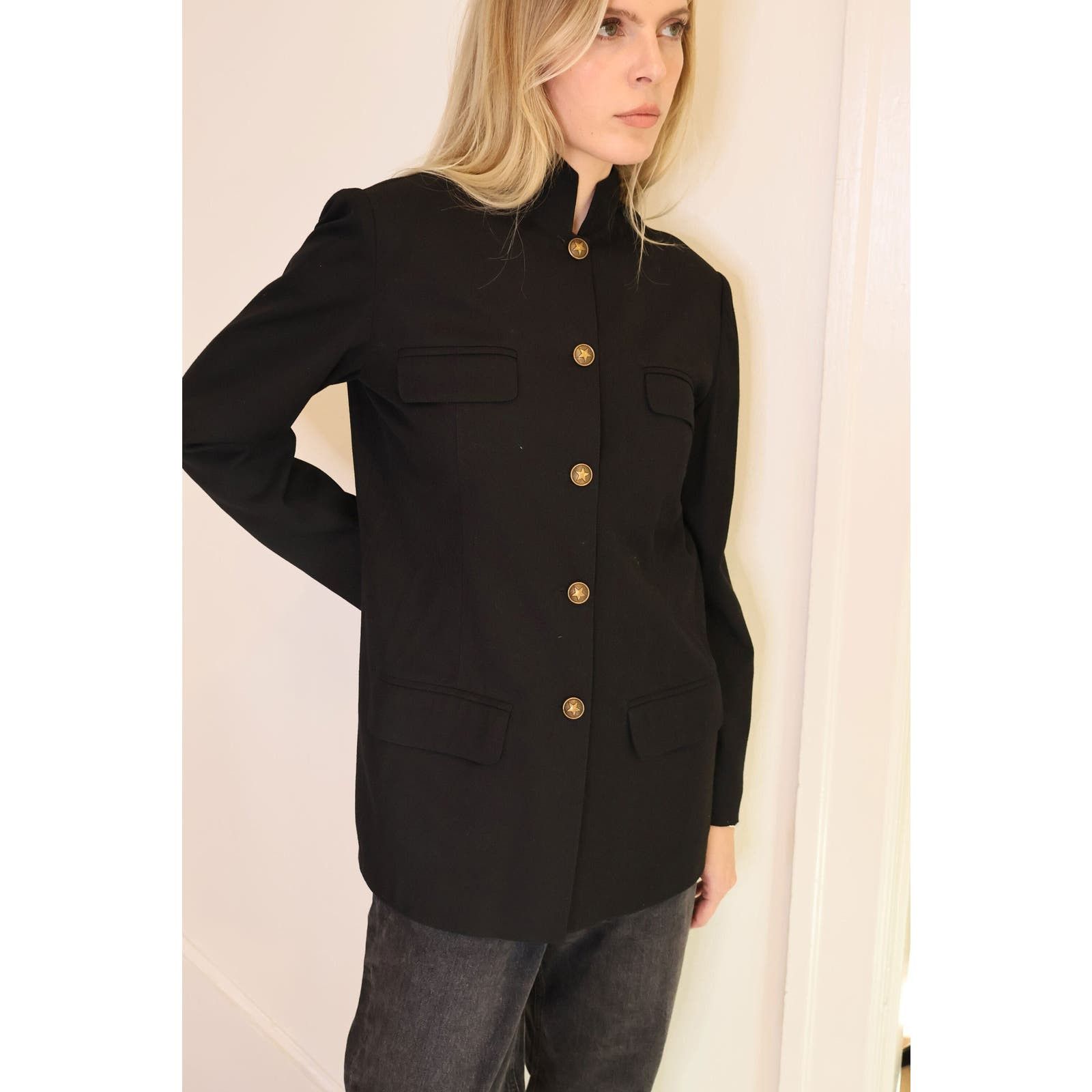 image of Vintage Plein Sud Black Minimalist Military Jacket, Women's (Size Medium)