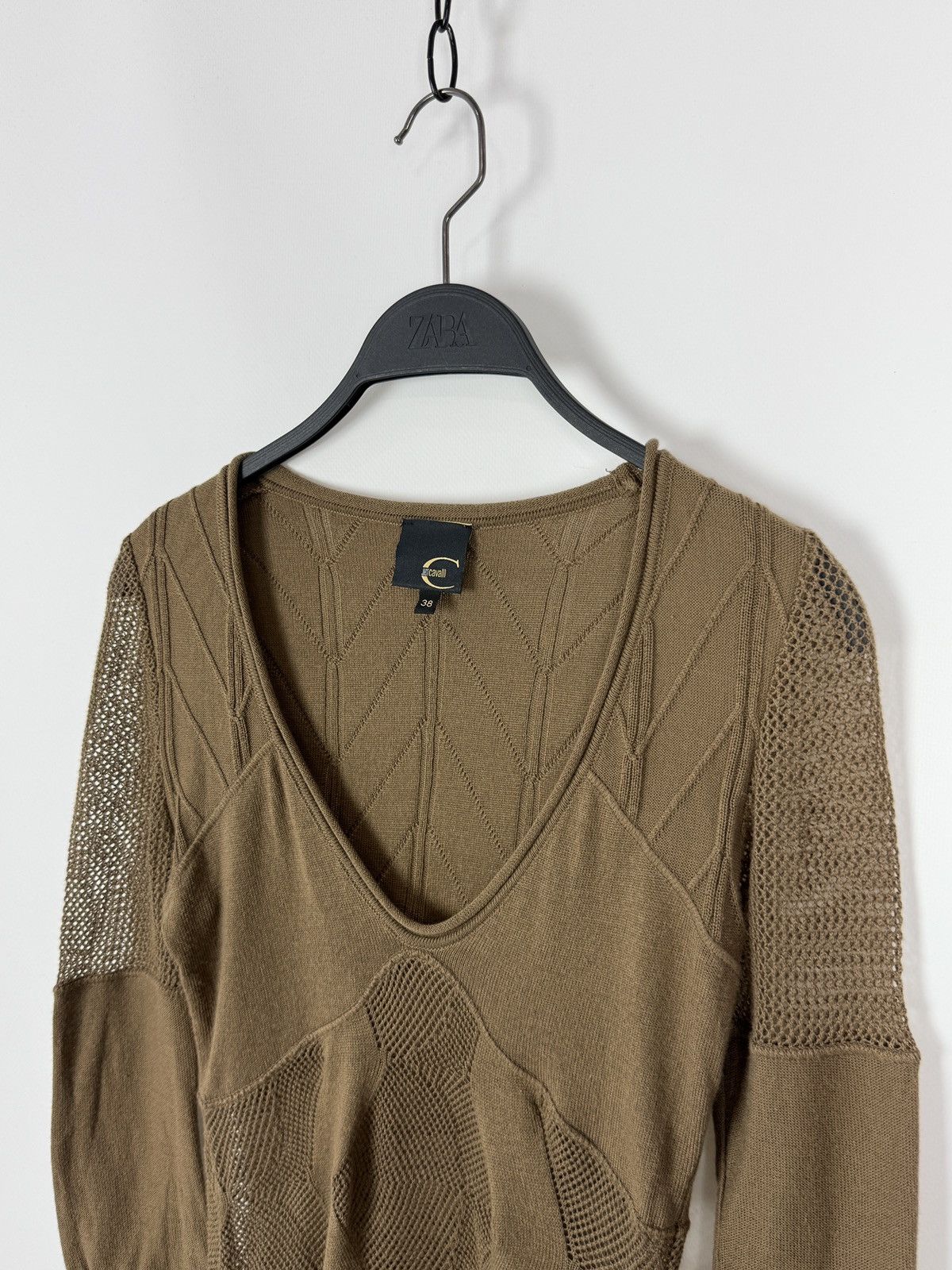 Just Cavalli Y2K Vintage Just Cavalli Brown Fishnet Knitted V-Neck Top 38 Size XS / US 0-2 / IT 36-38 - 2 Thumbnail