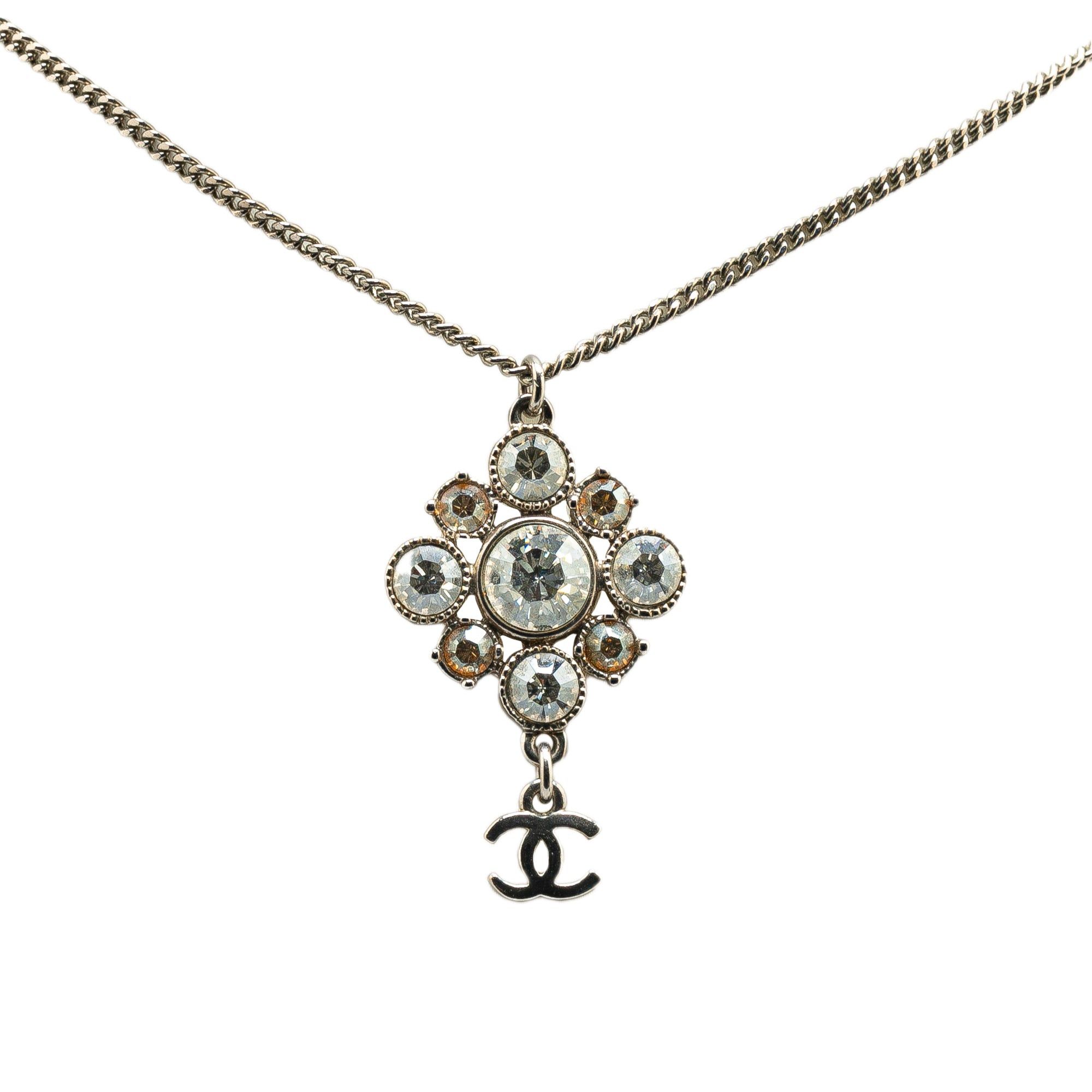 Chanel Palladium Plated CC Crystal Pendant Necklace Silver
